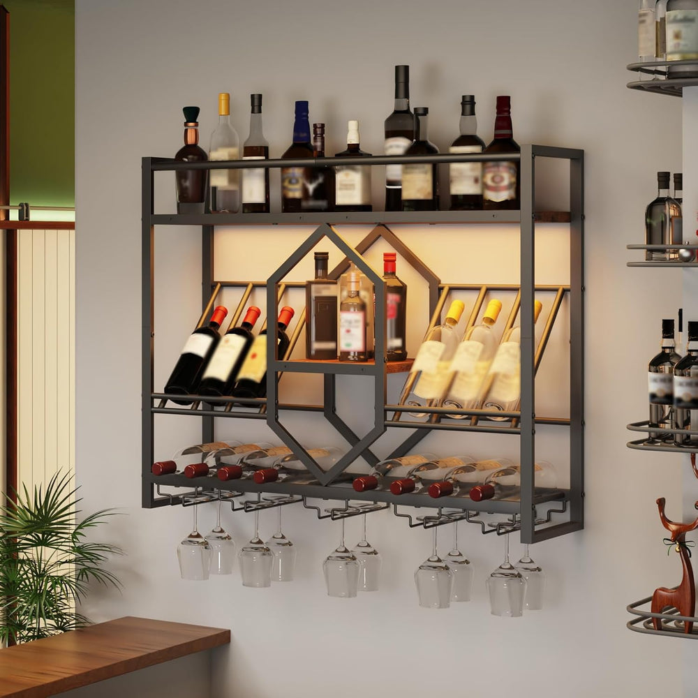 HOOBRO Wall Mounted Wine Rack with LED Light, 31.5" Wine Shelf, 3 Tier W...