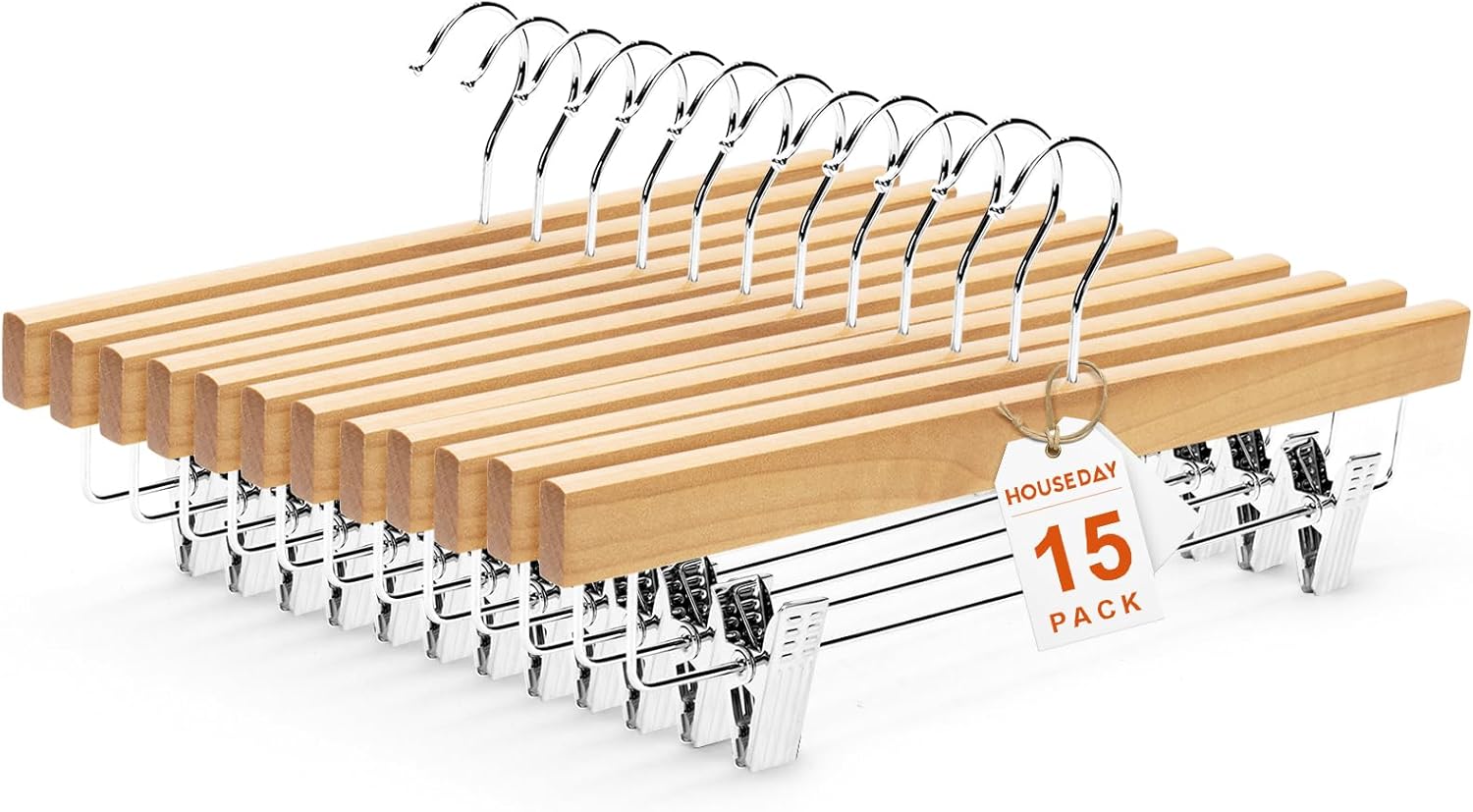 HOUSE DAY Premium Wooden Pants Hangers 15 Pack, Solid Lotus Wood Skirt Hangers with 2-Adjustable Clips, Heavy Duty & Anti Slip Wood Bottom Hanger for Slacks, Jeans, Trousers, Shorts (Natural)
