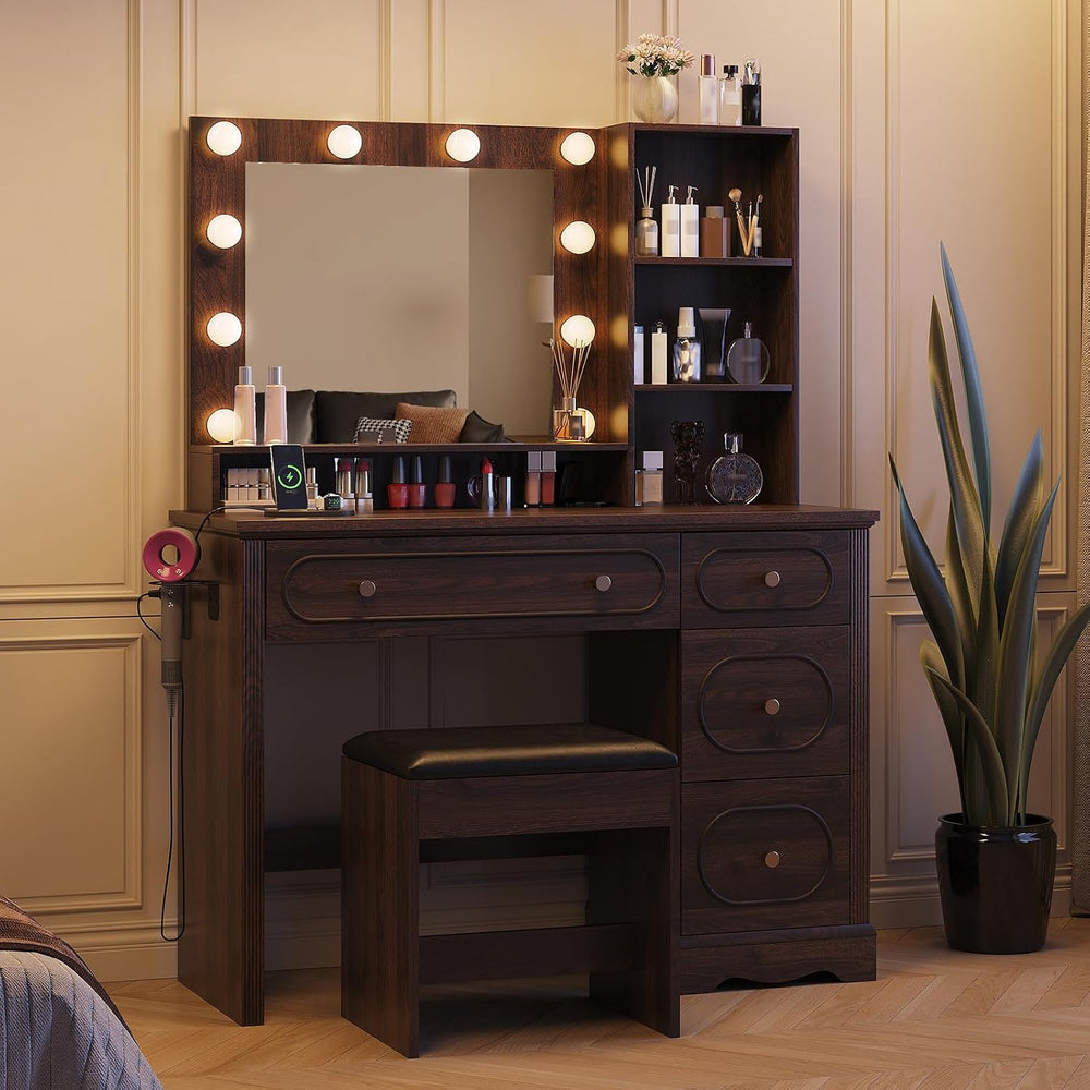 42" Walnut Brown Makeup Vanity Desk with Mirror & Lights & Charg...