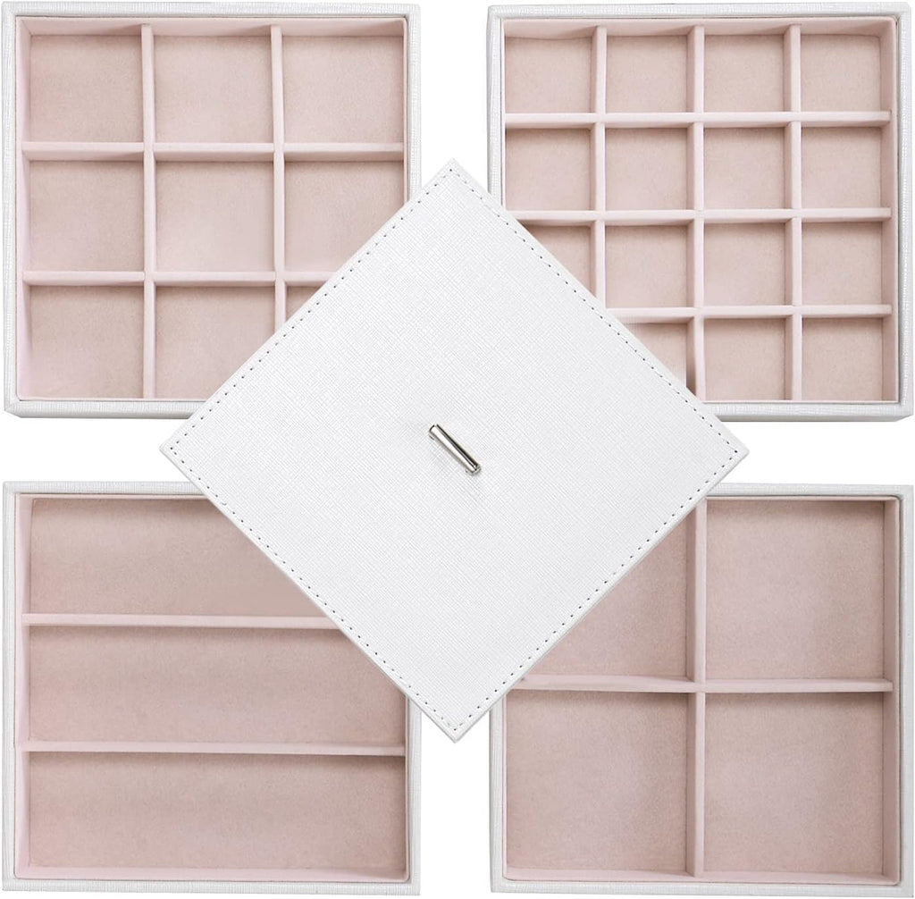 BEWISHOME Jewelry Organizer Trays Stackable Earring Storage Trays with Lid for Dresser and Drawer 32 Slots for Rings, Earrings, Necklaces, Bracelets and Watches Set of 4 White SSH81W