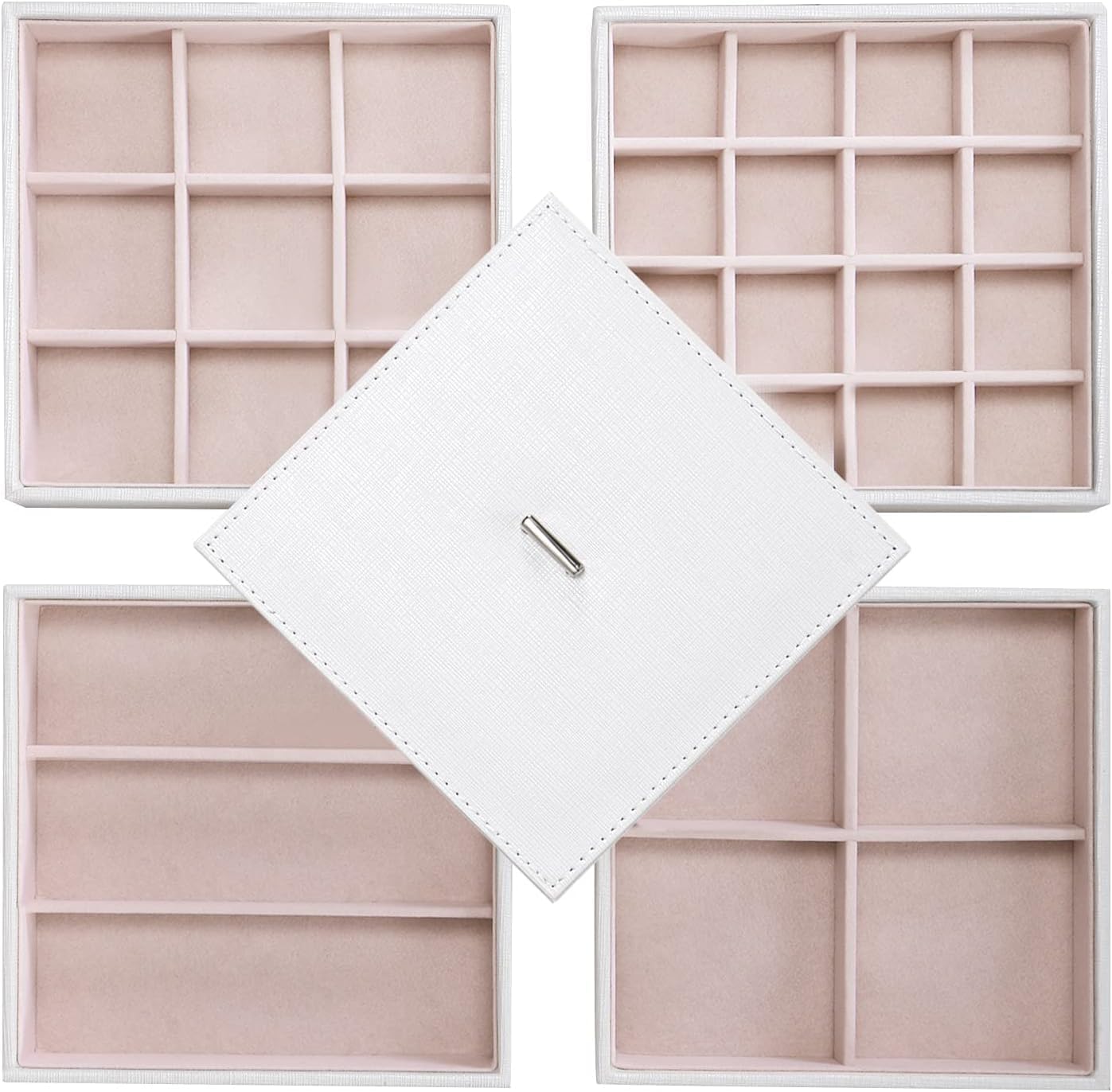 BEWISHOME Jewelry Organizer Trays Stackable Earring Storage Trays with Lid for Dresser and Drawer 32 Slots for Rings, Earrings, Necklaces, Bracelets and Watches Set of 4 White SSH81W
