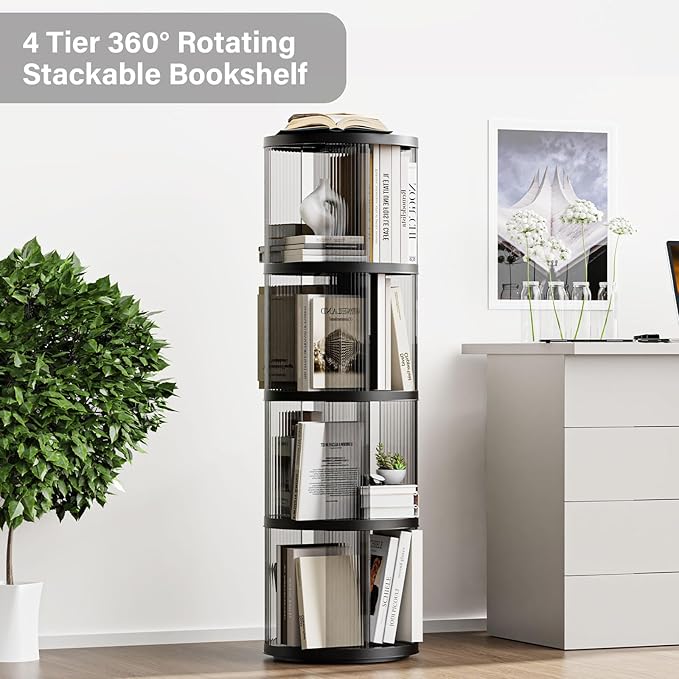 4 Tier Rotating Bookshelf, Small Corner Bookshelf for Small Space, 360 Display Floor Standing Bookcase, Lazy Susan Plastic Narrow Book Organizer for Bedroom, Living Room, Round, Black