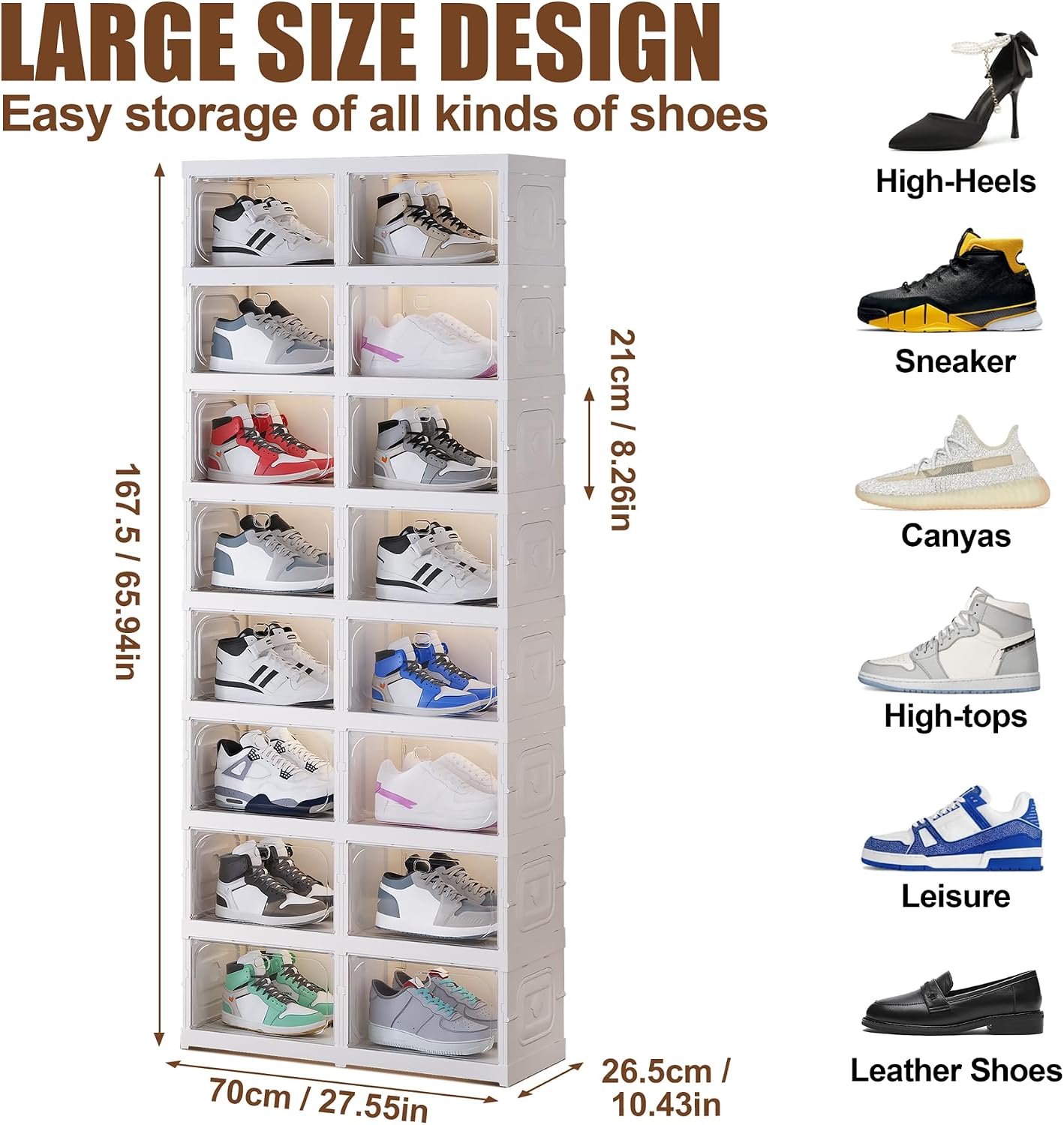 Shoe Box Foldable Storage Box Installation-free Clear Plastic Stackable Shoe Storage Cabinet Shoe Organizer Shoe Container Box with Lids Large Size Shoe Rack (8 Tiers 16 Pairs)
