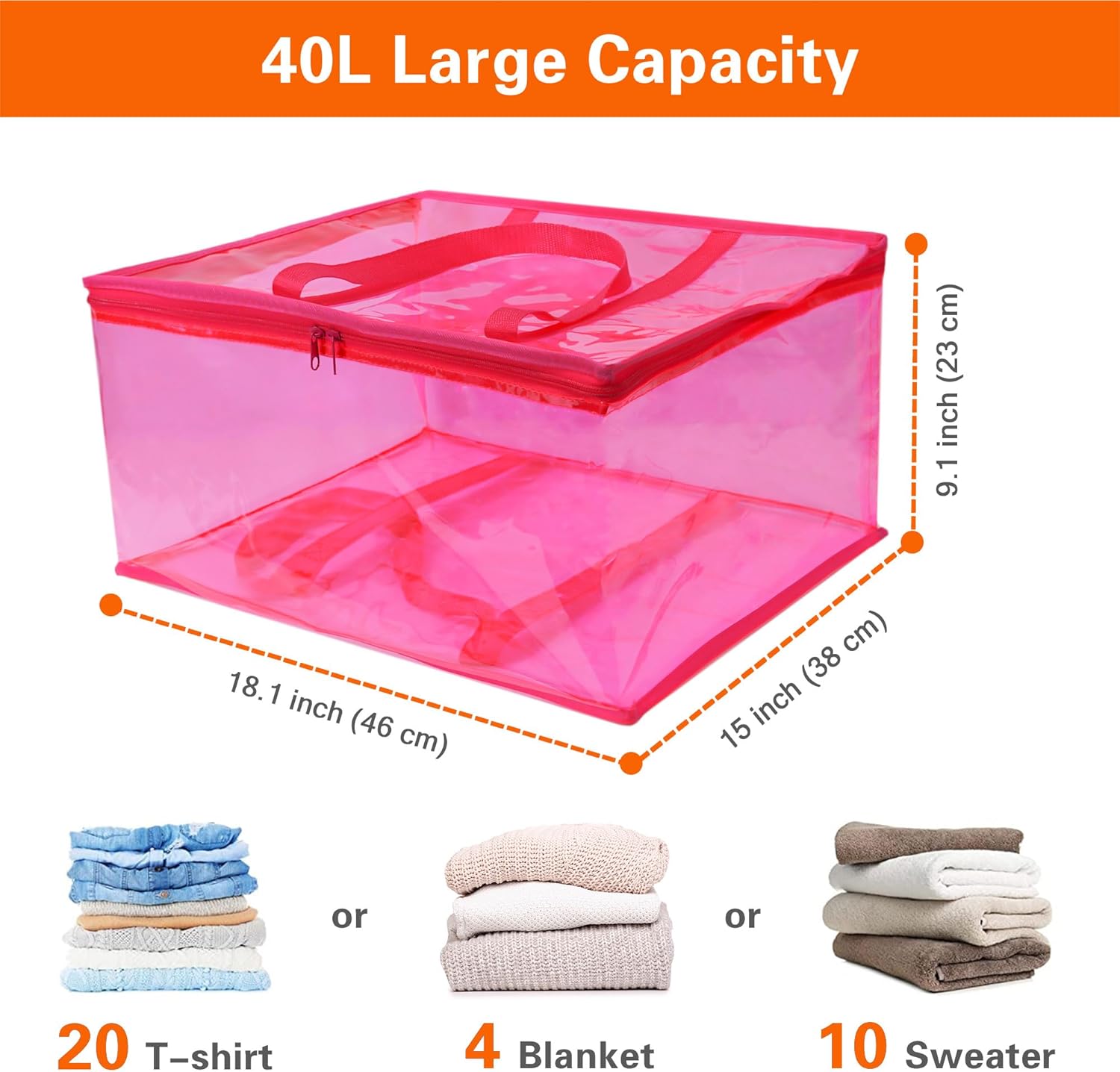 Vieshful Pink 40L Clear Clothes Storage Bag with Zipper 3 Pack Colorful Clothes Organizer Vinyl Storage Bag for Comforter, Blanket, Bedding, Duvet, Transparent Moving Totes
