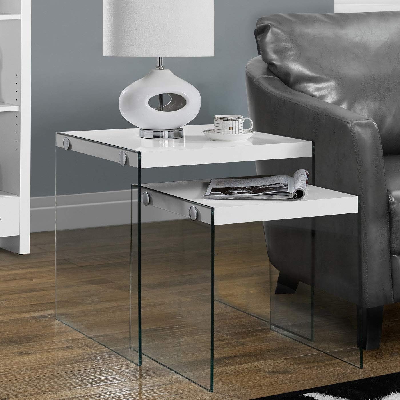 Monarch Specialties ,Nesting Table, Tempered Glass, Glossy White
