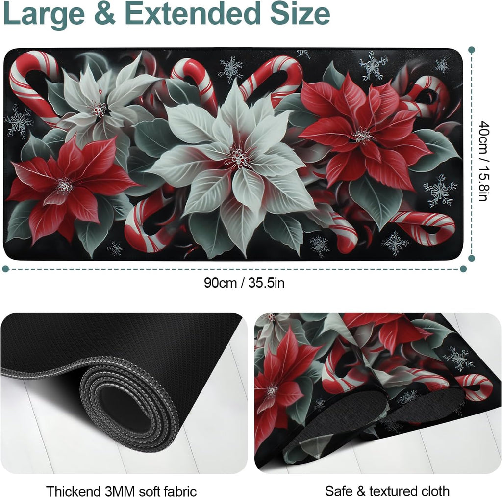 Christmas Flowers Gaming Mouse Pad 35.4"x15.7"Desk Mat Anti-Slip Rubber Base & Durable Stitched Edges for Gamers Smooth Mouse Writing Surface for Desk Office/Home