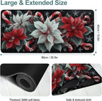 Christmas Flowers Gaming Mouse Pad 35.4"x15.7"Desk Mat Anti-Slip Rubber Base & Durable Stitched Edges for Gamers Smooth Mouse Writing Surface for Desk Office/Home