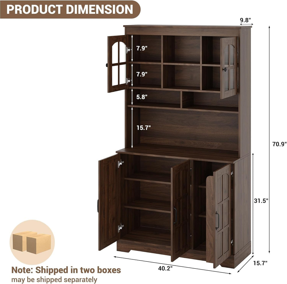 70.9" Tall Kitchen Pantry Cabinet with Glass Doors and Hutch, Freestandi...