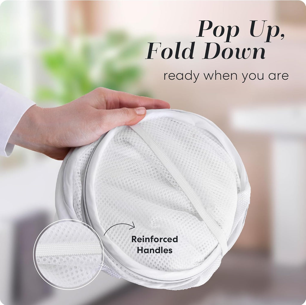 Handy Laundry Collapsible Mesh Pop Up Hamper with Wide Opening and Side Pocket - Breathable, Sturdy, Foldable, and Space-Saving Design for Clothes and Storage (White)