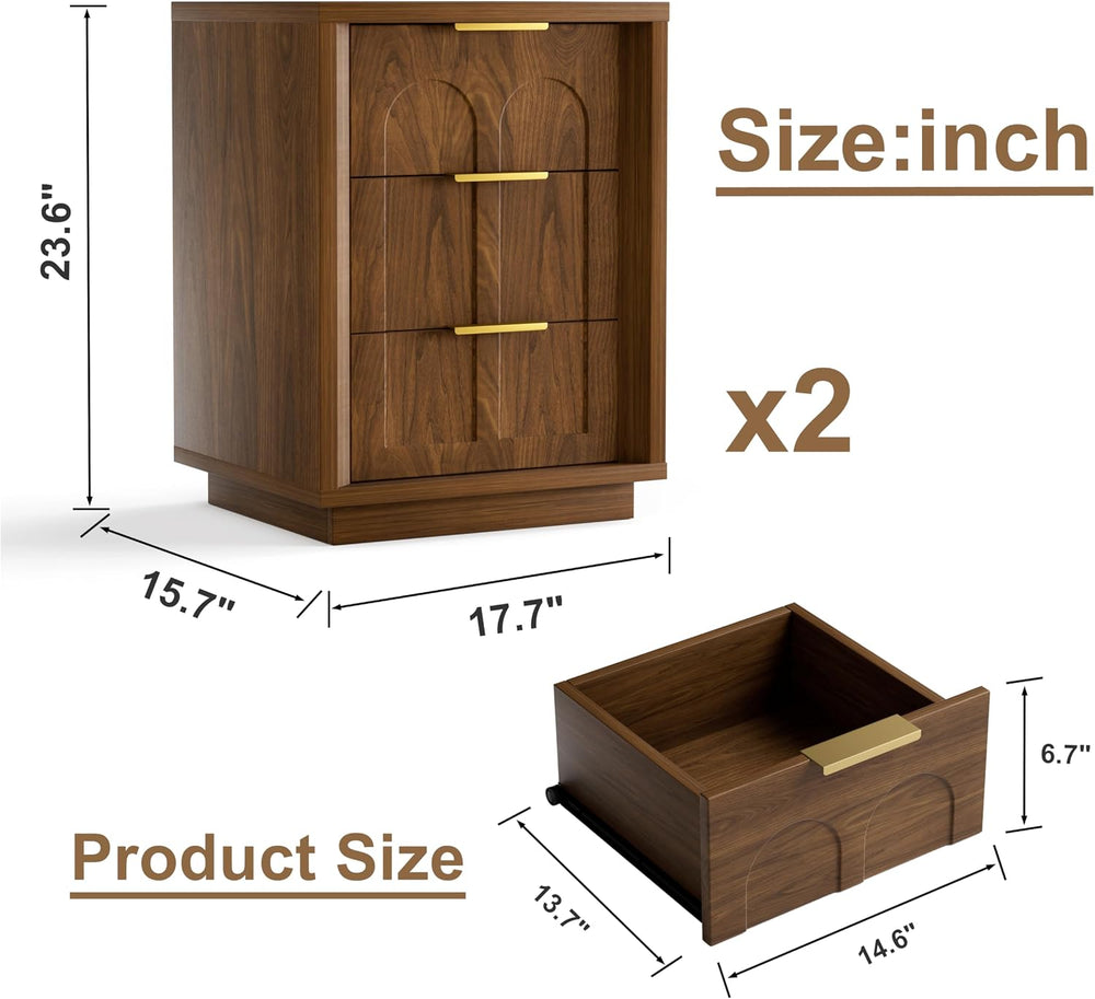 Nightstands Set of 2, Mid Century Modern 3 Drawer Bedside Tables with Arched ...