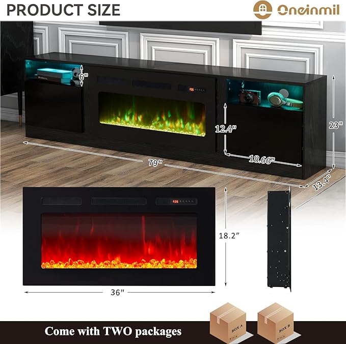 oneinmil 80” TV Stand with 36” Electric Fireplace, Large Modern Media Entertainment Center with Storage Cabinet and 12 Colors LED Lights for TVs Up to 90", Black+Black