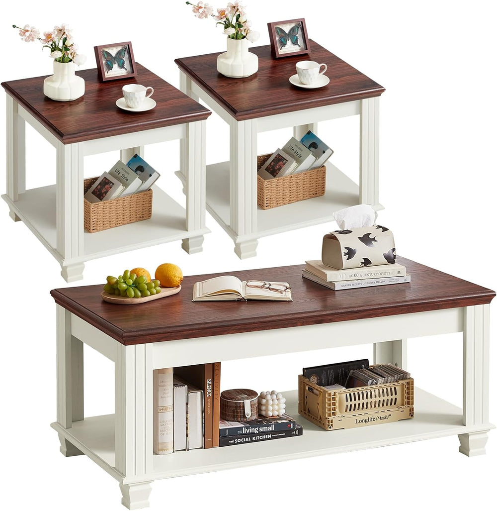 SAVOR LIFE Farmhouse Coffee Table Set of 3, White | Rustic Wood 3 Piece Coffe...