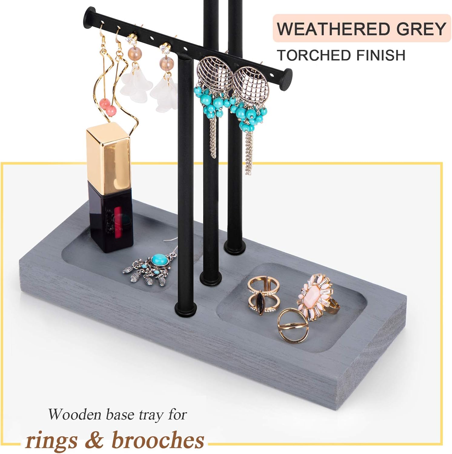 Love-KANKEI Jewelry Organizer Stand Metal & Wood Base and Large Storage Necklaces Bracelets Earrings Holder Organizer Gift Black and Weathered Grey