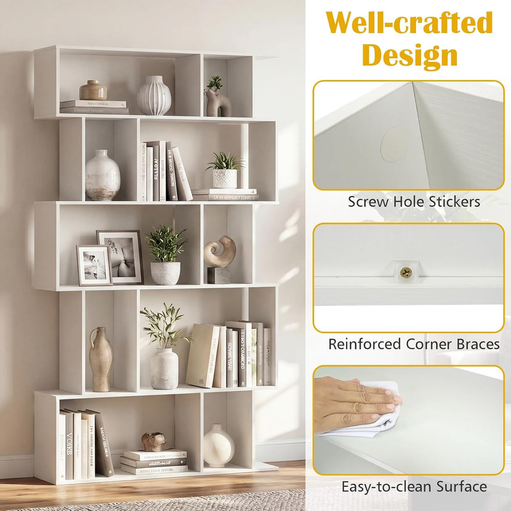 5-Tier Geometric Bookshelf w/Anti-tip Kit & 5 Closed-Back Cubbies