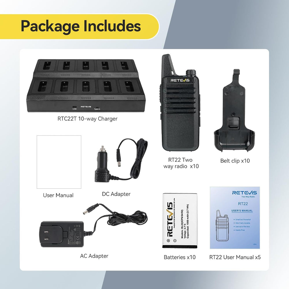 Retevis RT22 Compact & Lightweight Walkie Talkies Long Range (10 Pack)