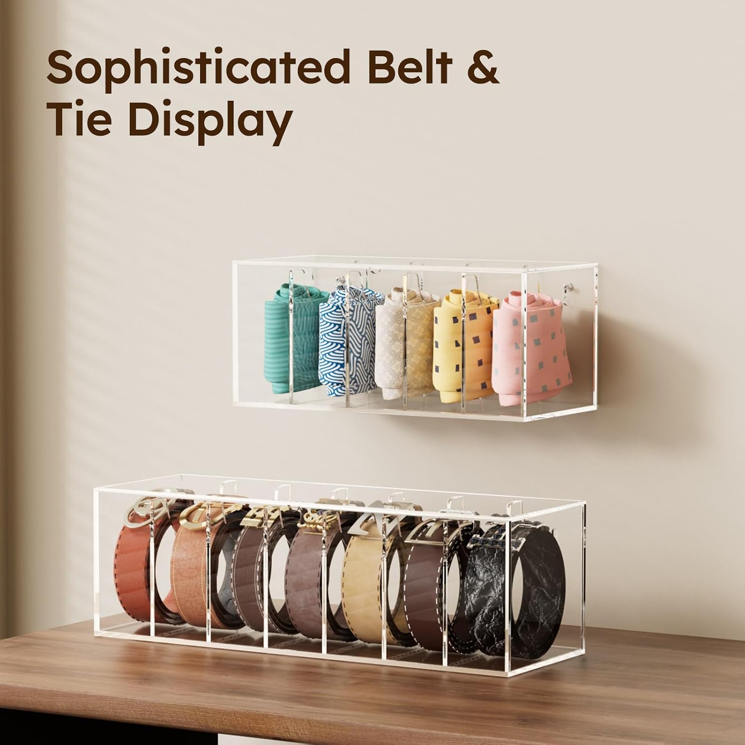 FEMELI Belt Organizer, Acrylic Belt Storage for Closet with Dust Cover, 7 Compartments Belt Container Display Holder for Drawer, Clear Belt Tie Case for Women Men Home