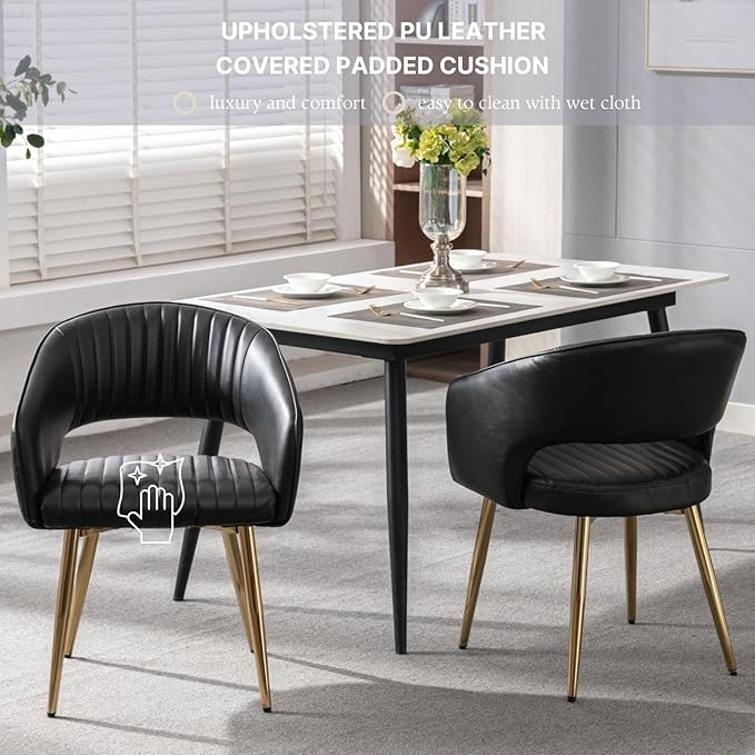 Faux Leather Dining Chairs Gold Legs, Modern Black PU Leather Dining Room Chairs with Arms Set of 2 Upholstered Accent Chair Armchair with Barrel Back for Kitchen Living Room
