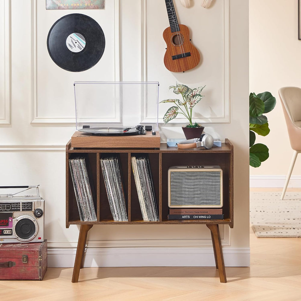 Lerliuo Record Player Stand with 4 Cabinet Holds Up to 220 Albums,Brown | Lar...
