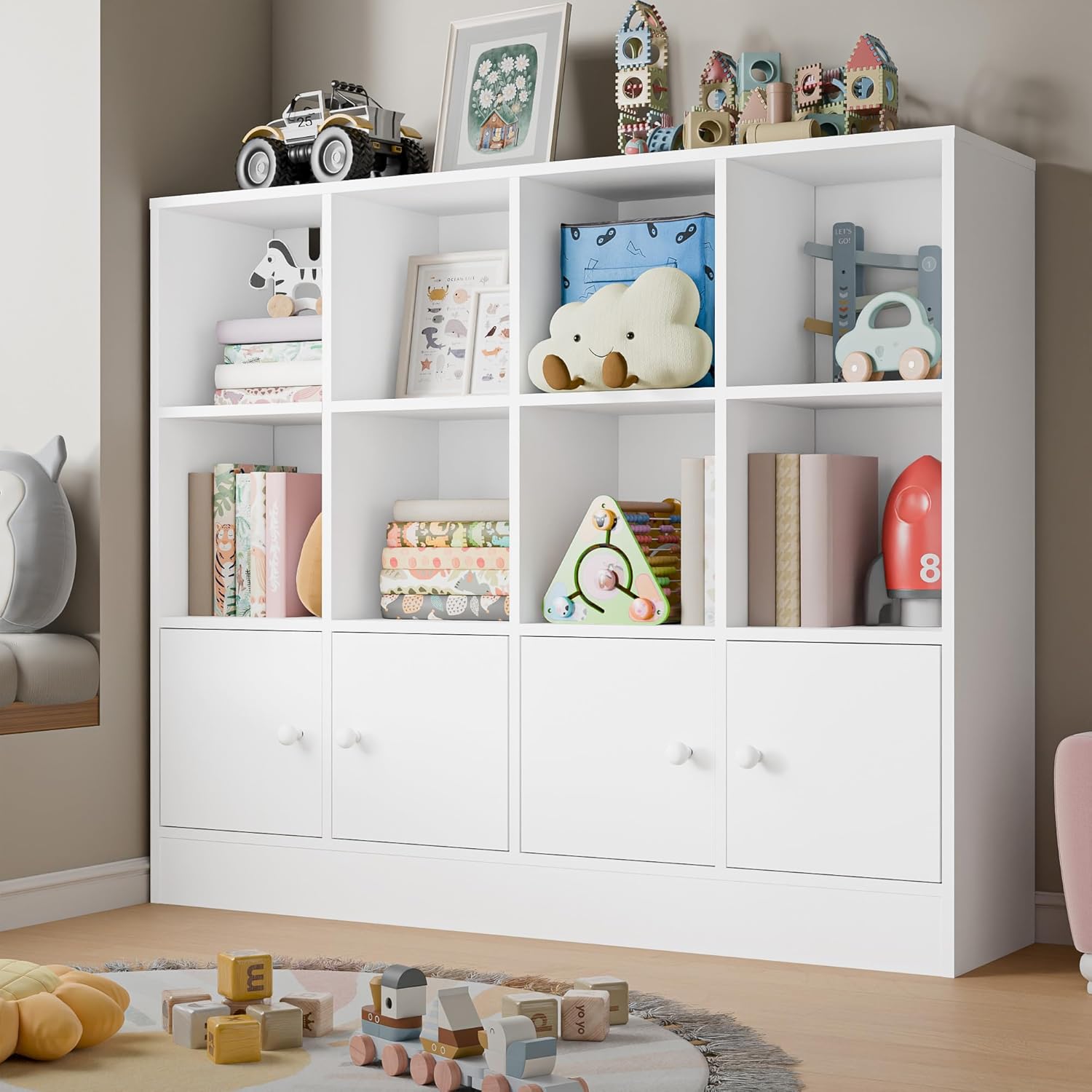 Cozy Castle White Wood Bookcase,12 Cube Storage Organizer Bookshelf with 4 Doors,3 Tier Storage Cabinet with Adjustable Shelves for Bedroom, Living Room, Office