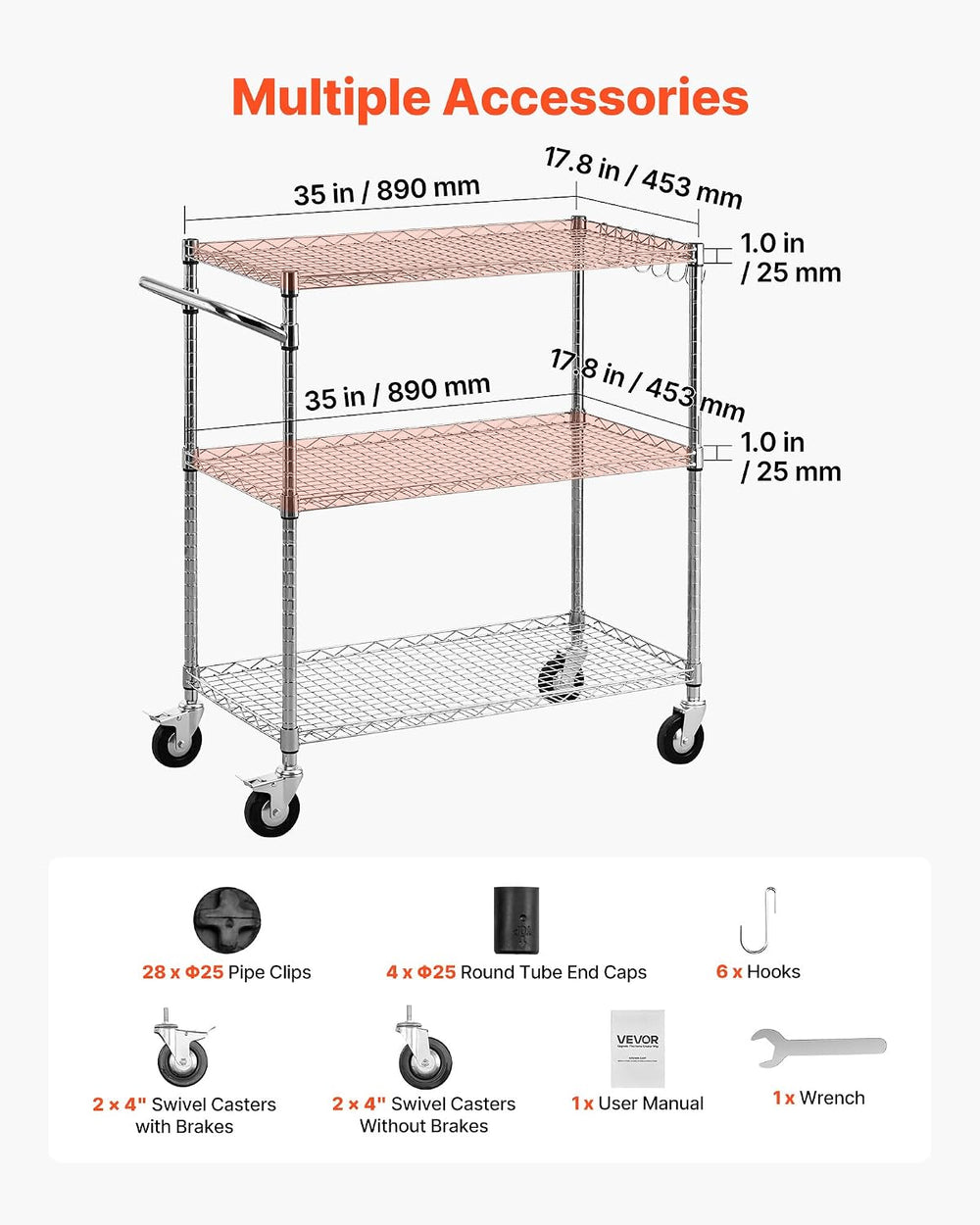 VEVOR 3 Tier Rolling Utility Cart, 661 lbs Static Capacity, Heavy Duty Adjust...