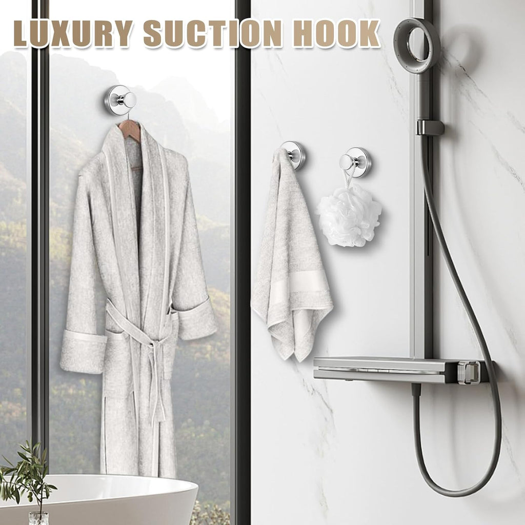 Suction Cup Hooks for Shower No-Drill Bathroom Hooks for Towels, Robes, Loofah Mountable on Bathroom Walls, Kitchen, Glass, Mirrors, Tile and Smooth,Non-Porous Surfaces (2, Chrome Polished)