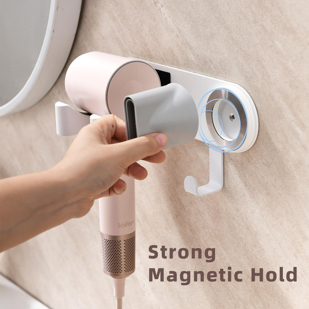 Hair Dryer Holder Wall Mounted, Hair Dryer Organizer Self Adhesive Compatible with Dyson Blow Dryer Holder Aluminum BlowDryer Holder Wall Mounted for Bathroom White