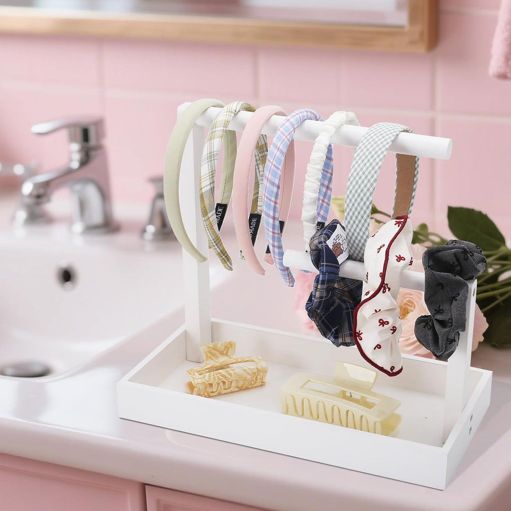 Headband Organizer Headband Holder for Girls Hair Tie Holder Stylish Vanity Organizer with Rustic Natural Wood Design for Bathroom & Dressing Tablespace-Saving Hair Accessory Storage