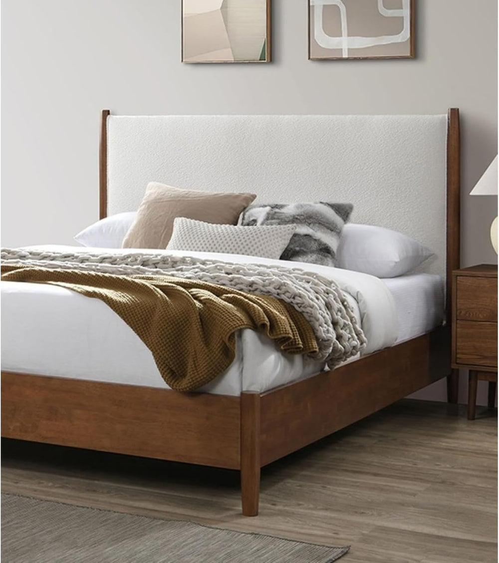 Walnut Color Panel Headboard Beige Upholstered Queen Size Bed