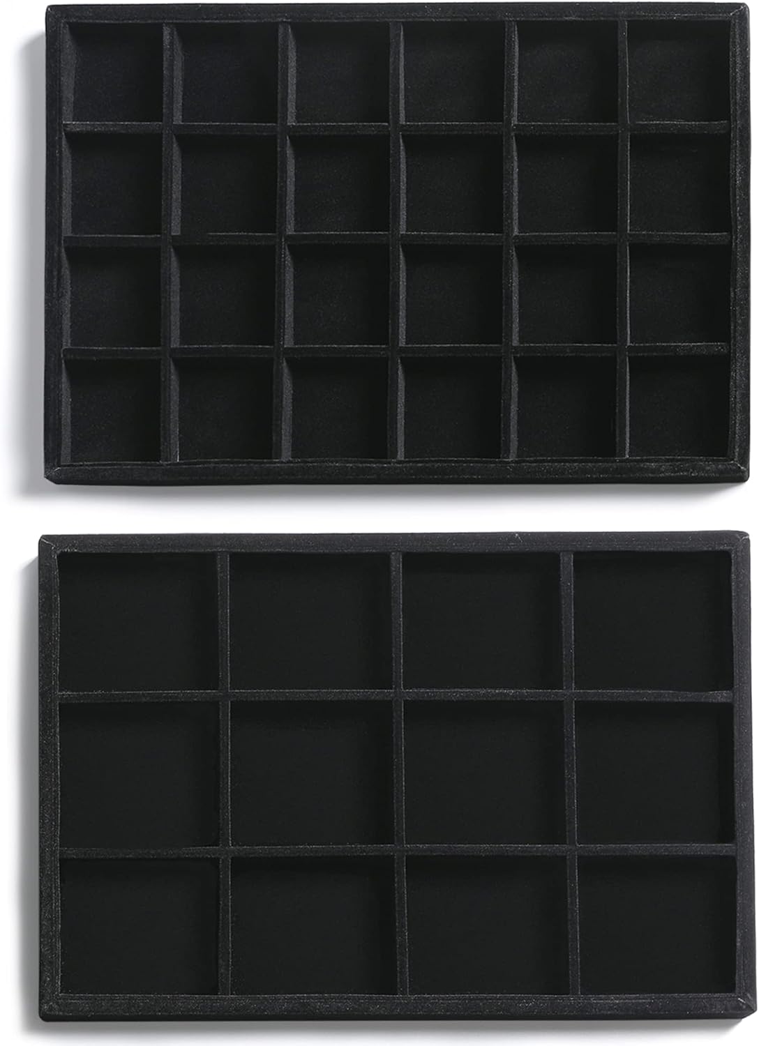 Frebeauty Stackable Velvet Jewelry Organizer Trays for Drawers Inserts Jewelry Storage Tray Display Case, Stud Earrings Bracelets Necklace Rings Accessories Trays for Women (Set of 2 Black)