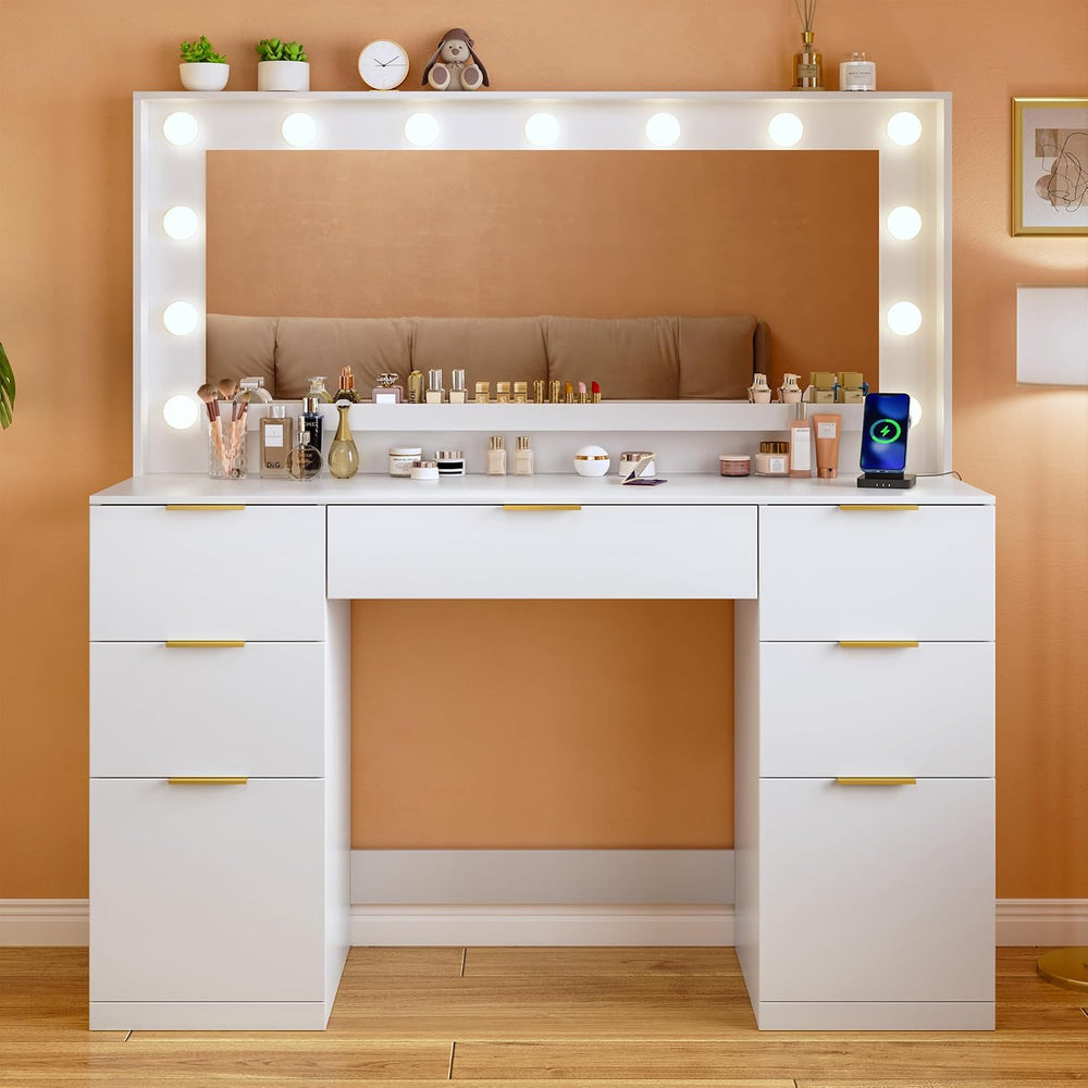ALEXNUTRE Vanity Desk with Mirror and Lights, 45.3in Makeup Vanity with 7 Dra...