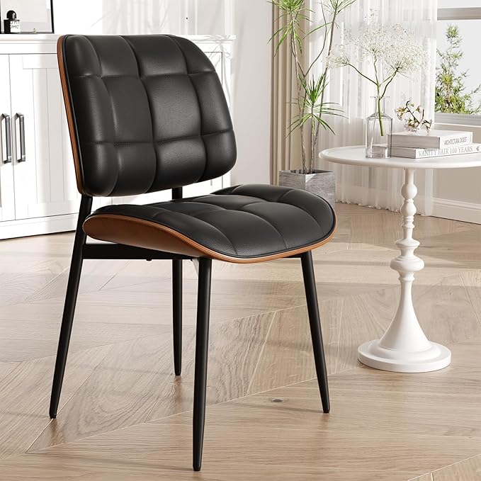 Dining Chair, Black Mid Century Modern Dining Room Chair, Upholstered Faux Le...