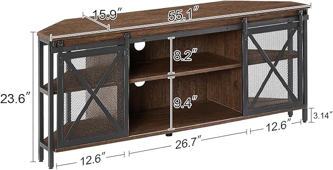 HOMISSUE Corner TV Stand for 55 Inch TV, Rustic Corner Entertainment Center with Storage, Industrial Media Console Table with Sliding Barn Door, Entertainment Center for Living Room, Brown