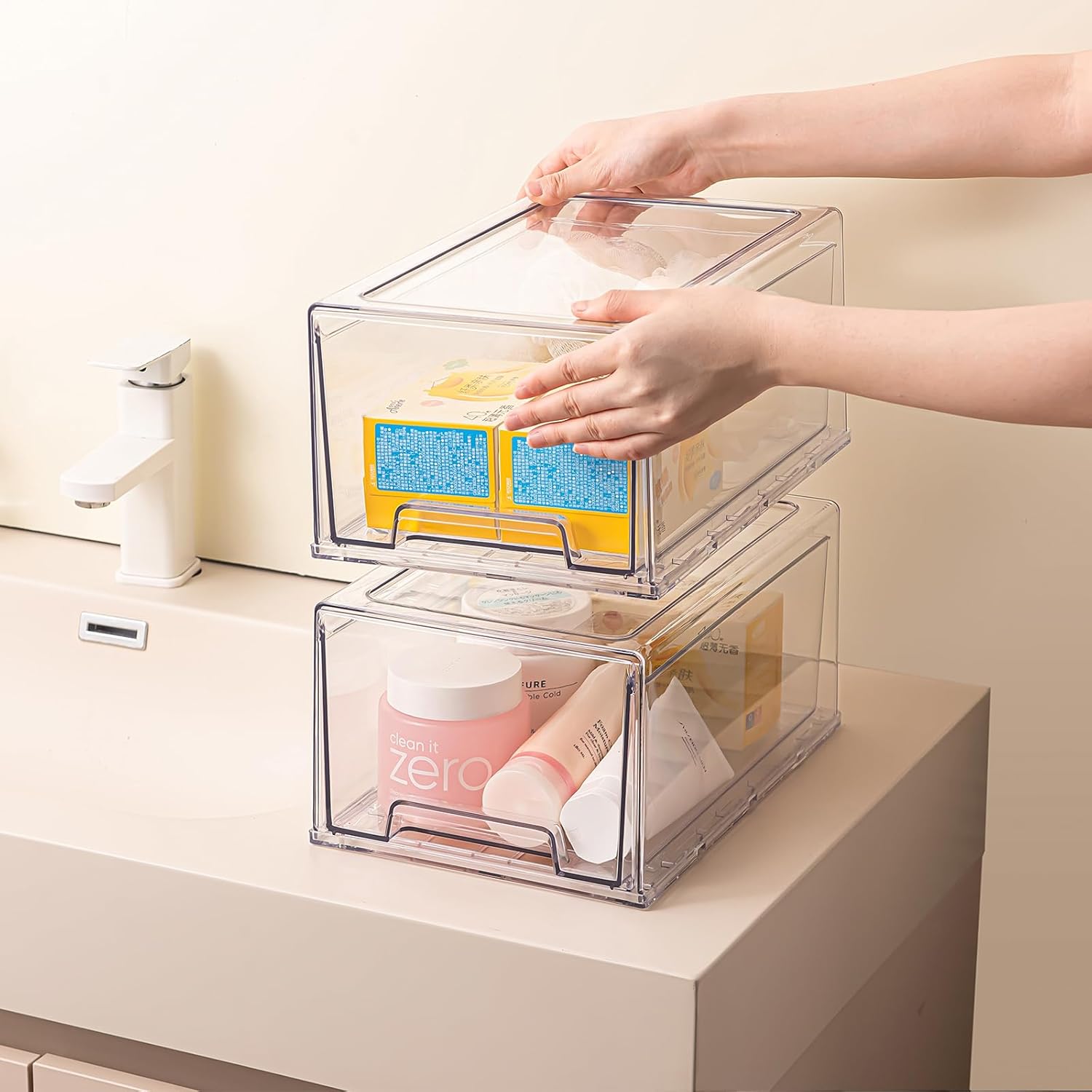 2 Pack Stackable Pull-Out Storage Drawers，Plastic Clear Organizer Bins with Handles，Easily Clean for Undersink，Cabinet，Fridge，Closet，Pantry，Office，Bathroom