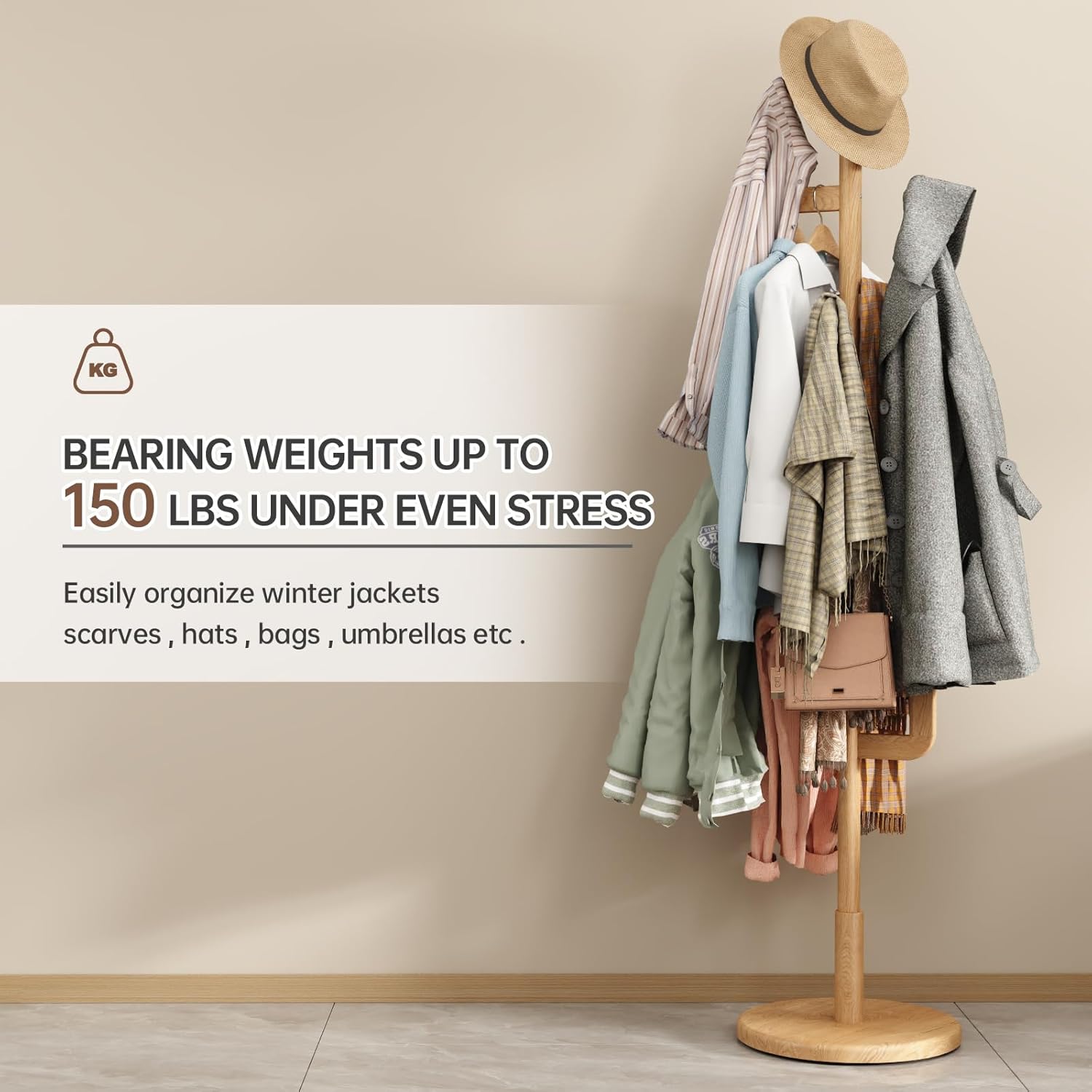 Muwuele Solid Wood Cactus Coat Rack, Freestanding Coat Rack With 6 L-Shaped Hooks and 3 Adjustable Sizes, Coat Tree for Bedroom, Entryway, Livingroom, Coat Hanger Stand for Coats, Handbags (Natural)