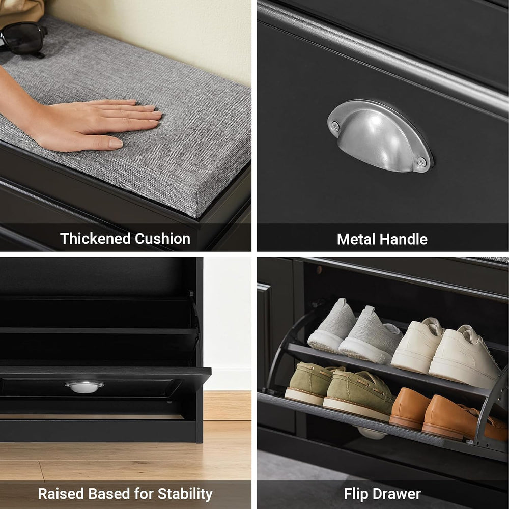 Haotian Black Storage Shoe Bench with Two Flip Drawers