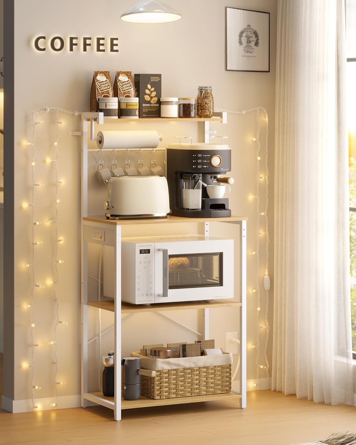 VASAGLE BARNET Collection - Kitchen Bakers Rack with Power Outlet, 23.6-Inch Wide Coffee Bar 4-Tier with 8 S Hooks, Modern Microwave Stand, Adjustable Shelf, Golden Oak and Cloud White UKKS014Y01V1