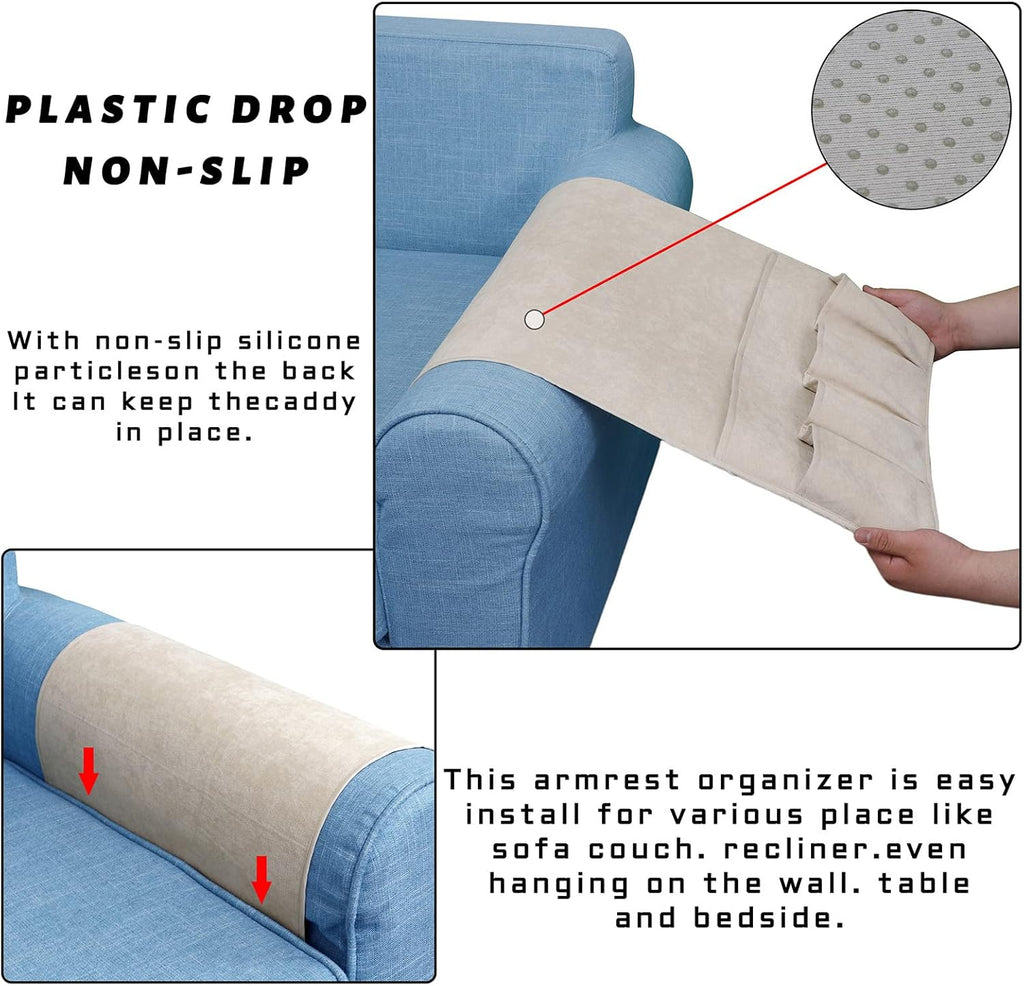 NB Sofa Armrest Organize remote holder bedside caddy organizer with 5 pockets，non-slip couch remote control holder couch armchair caddy accessories (Beige, 35''x18'')