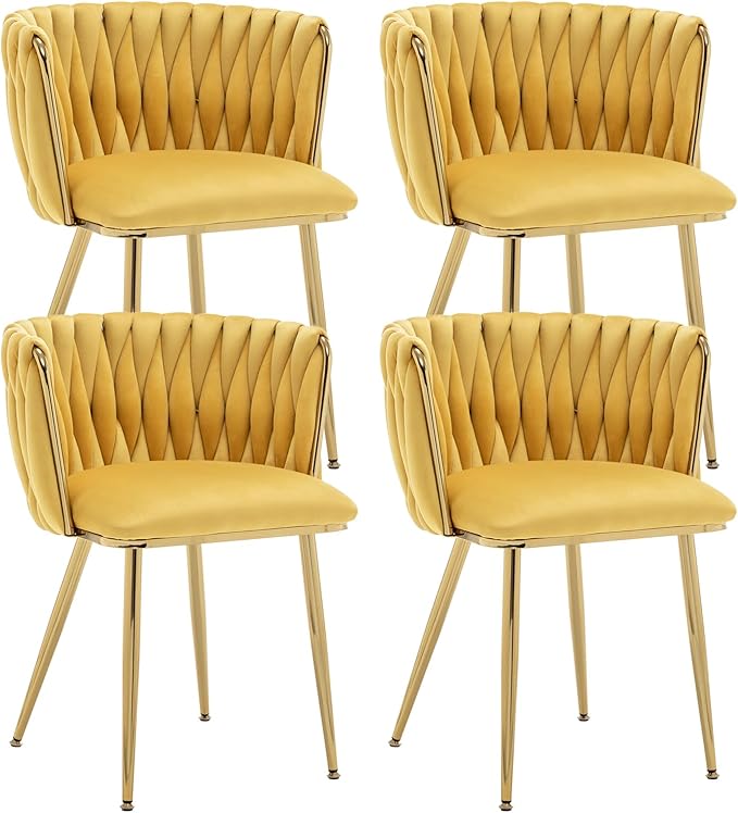 Kiztir Velvet Dining Chairs Set of 4, Modern Dining Chair with Gold Metal Legs, Luxury Tufted Dining Chairs for Living Room, Bedroom, Kitchen (Yellow)