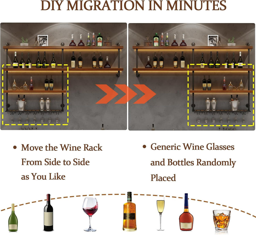 39.4in Solid Wood Wine Rack Wall Mounted, 4-Tier with LED Lights | Liquor Bot...