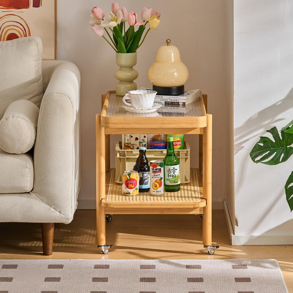 Bamboo Rattan End Table with Wheels, 2 Tier Modern Coffee Table Couch Side Ta...