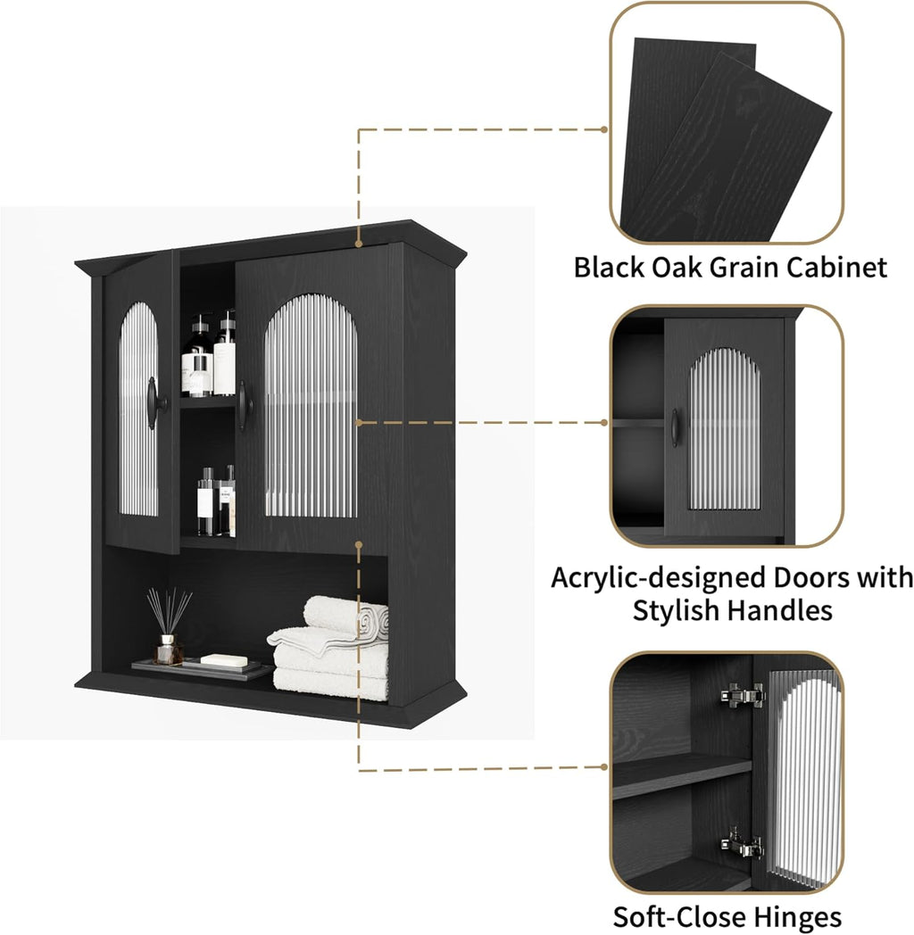 CJL Bathroom Wall Cabinet with Fluted Door, 18.9'' x 23.6'' Medicine Cabinet, Over The Toilet Storage Cabinet, Black