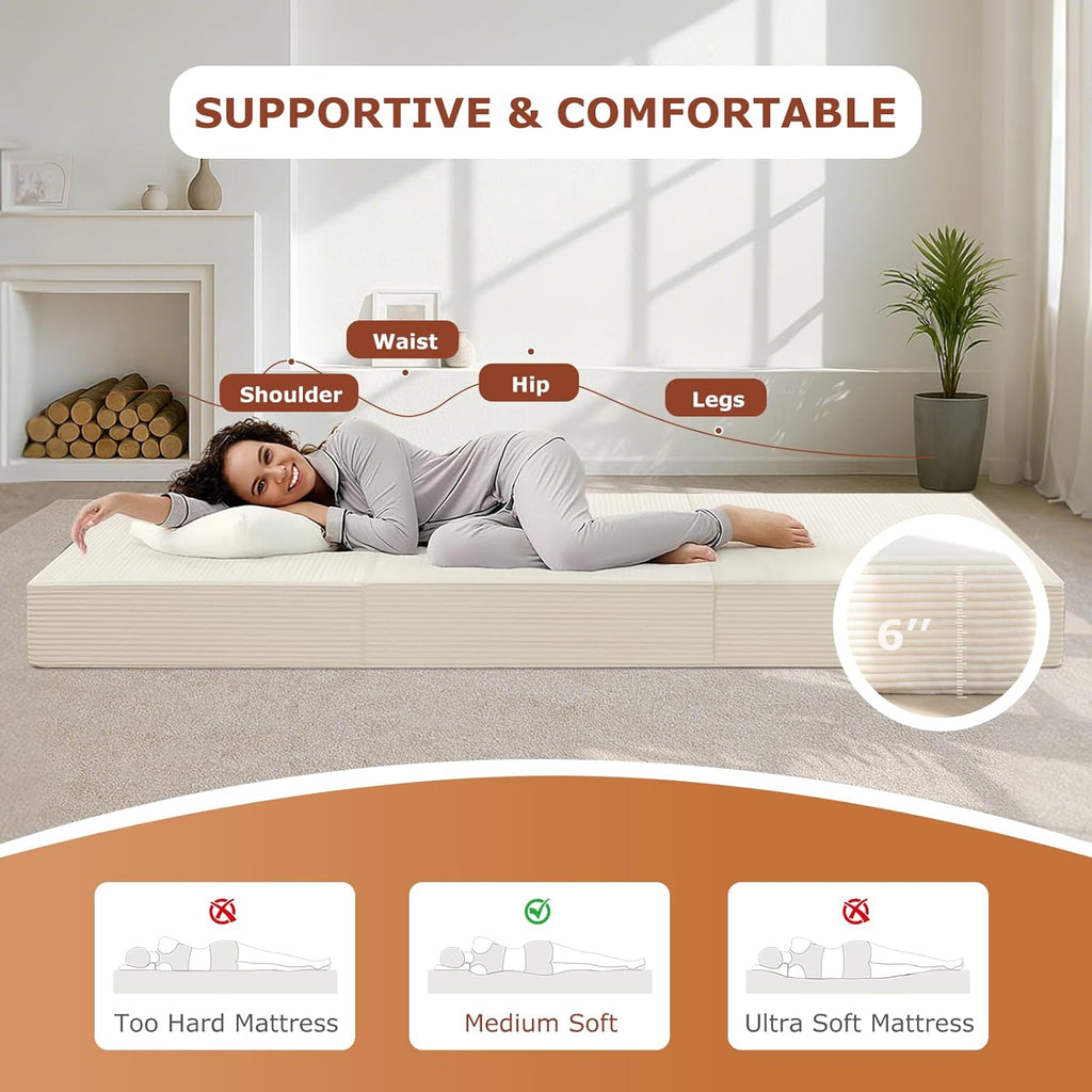 6-Inch Tri-Fold Foldable Mattress, Folding Sofa Bed with Removable Washable Cover, Portable Futon Mattress Full Size Floor Guest Mat with Non-Slip Bottom & Carry Handles for Camping (Beige, Queen)