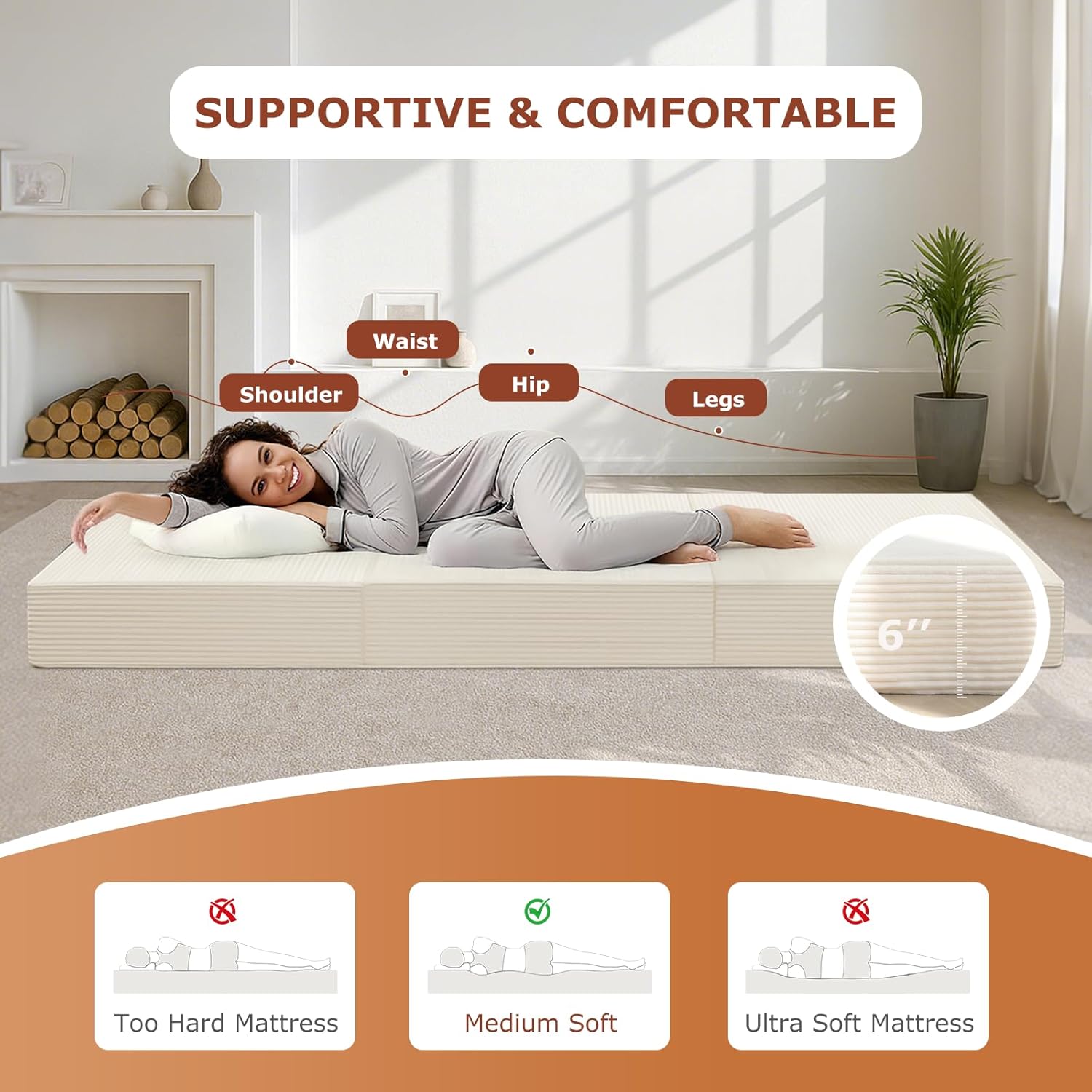 6-Inch Tri-Fold Foldable Mattress, Folding Sofa Bed with Removable Washable Cover, Portable Futon Mattress Full Size Floor Guest Mat with Non-Slip Bottom & Carry Handles for Camping (Beige, Queen)