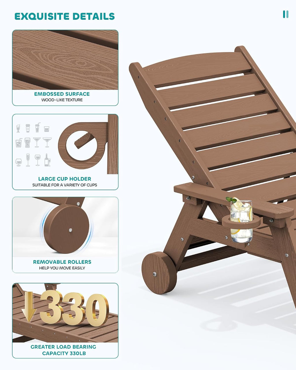 SERWALL HDPE Outdoor Lounge Chair Set of 4 with Cup Holder, Brown | with 5 Position Adjustable Backrest & Rolling Wheels