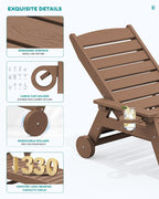 SERWALL HDPE Outdoor Lounge Chair Set of 4 with Cup Holder, Brown | with 5 Position Adjustable Backrest & Rolling Wheels