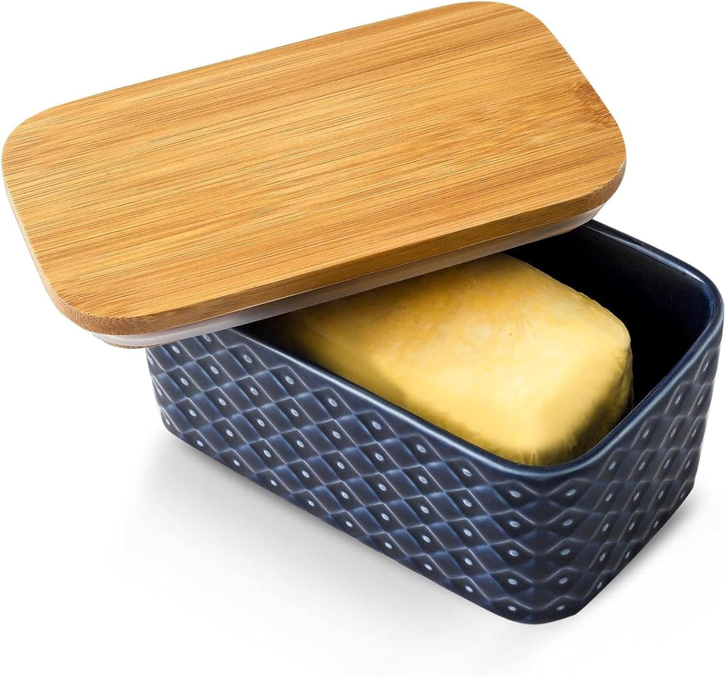 Hasense Ceramic Butter Dish with Lid, Large Butter Container for Countertop Airtight Butter Stick Covered Keeper,Navy Blue Embossed Pattern,Easy Clean Dishwasher Safe