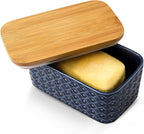 Hasense Ceramic Butter Dish with Lid, Large Butter Container for Countertop Airtight Butter Stick Covered Keeper,Navy Blue Embossed Pattern,Easy Clean Dishwasher Safe