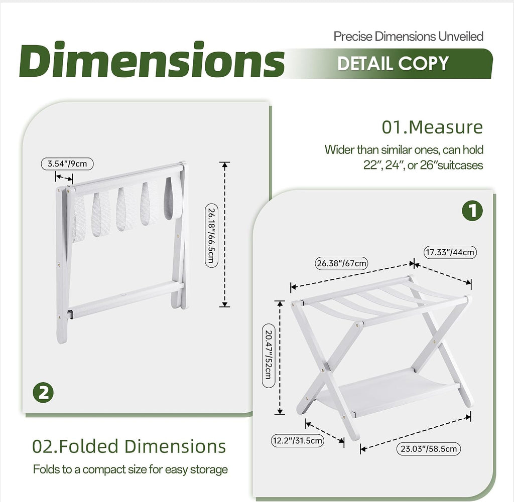 Luggage Rack, Folding Suitcase Stand with Storage Shelf, Premium Bamboo Luggage Holder for Guest Room, Bedroom, Hotel, Closet, Holds up to 135 lb (White)