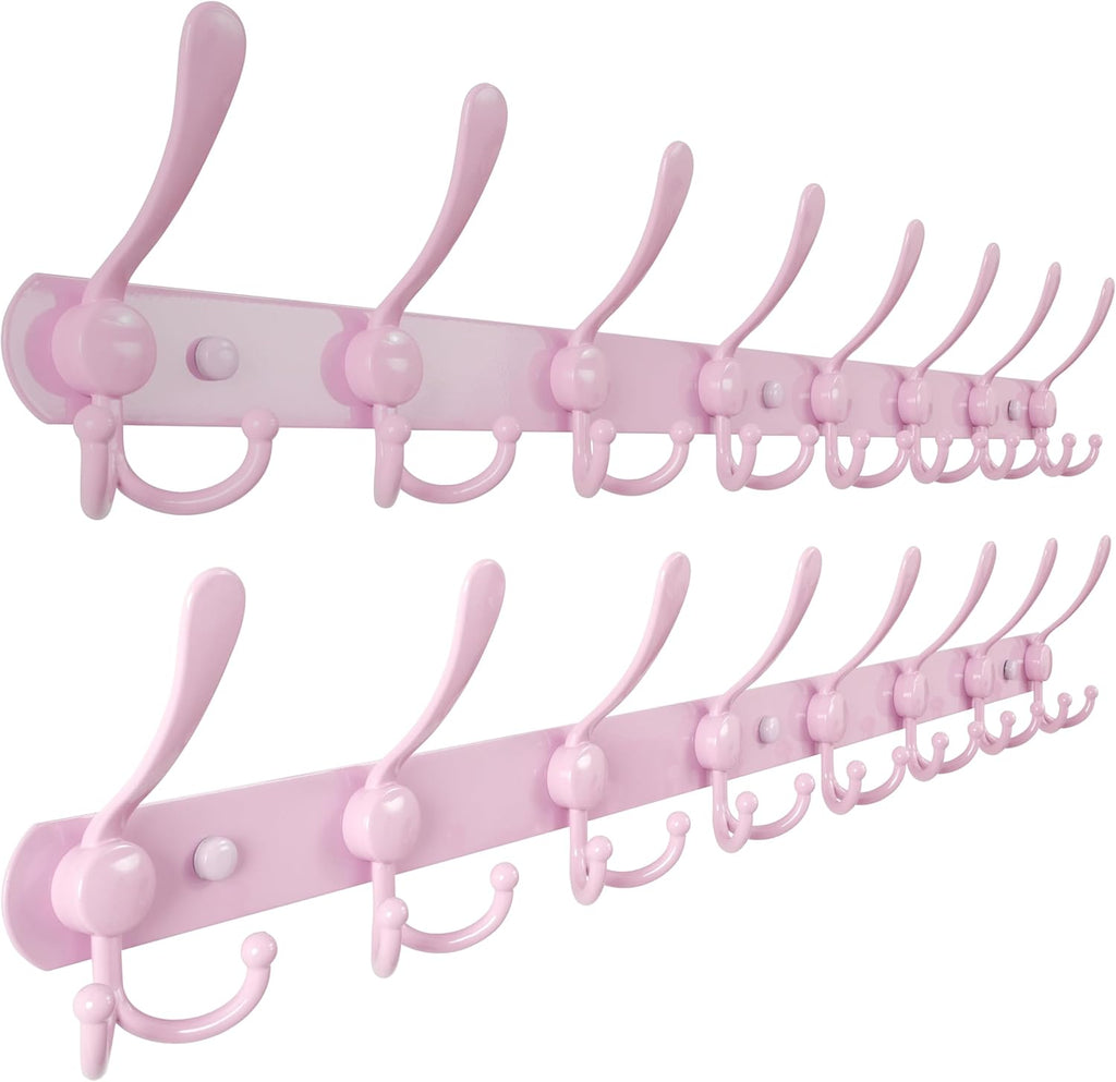 Dseap Coat Rack Wall Mount - 29.5” Long 8-Tri-Hooks Heavy Duty Coat Hanger Rail Wall Hooks for Hanging Coats Hats Clothing Clothes Purse Mudroom Entryway, Pink, Pack of 2
