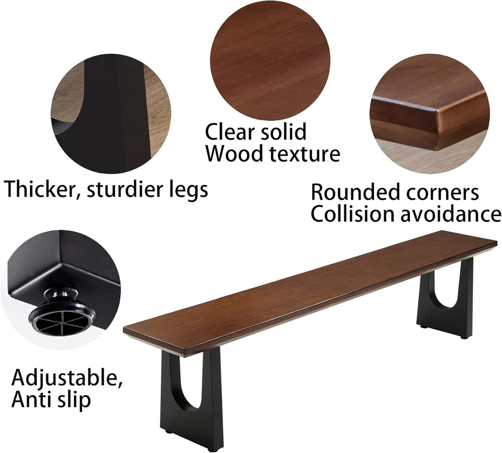 Walnut Color Long Bench Solid Wood Top Metal Legs U-Shaped Design Durable Stu...